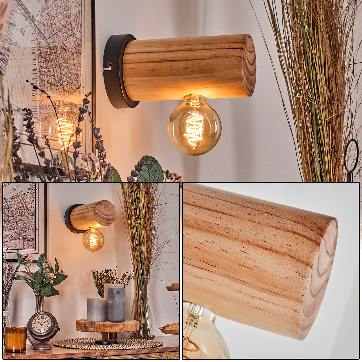 Hölzerne Wandlampe mit leuchtender Glühbirne. Im Hintergrund eine Karte, getrocknete Pflanzen und eine Uhr. Die Szene ist hell.