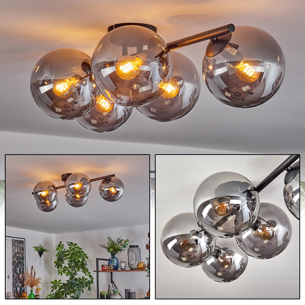 Eine moderne Deckenlampe mit sechs rauchfarbenen Glaskugeln, jede mit einer warm leuchtenden Glühbirne. Schwarze Metallarme tragen die Schirme.