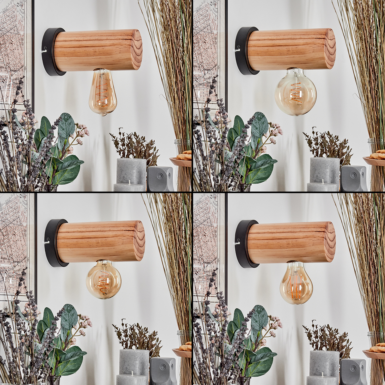 Eine hölzerne Lampe mit einer Glühbirne ist an einer weißen Wand befestigt. Darunter befinden sich Pflanzen, Kerzen und Kekse. Der Hintergrund enthält eine Karte.