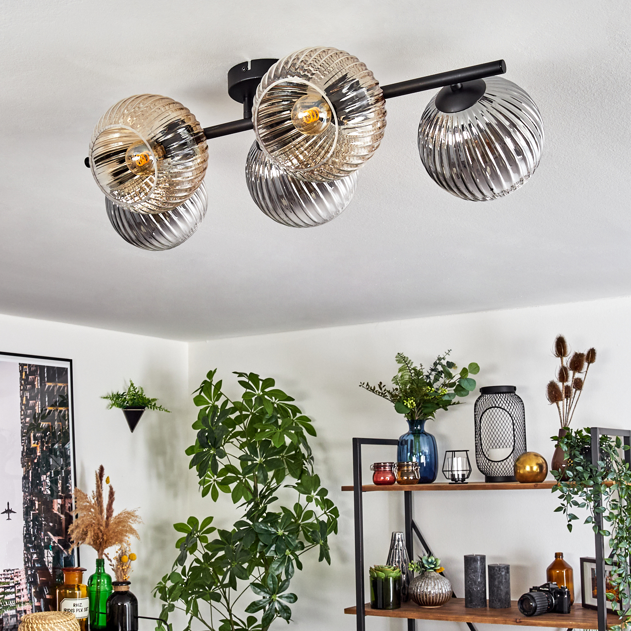 Eine moderne Deckenleuchte mit Glaskugeln, Pflanzen und einem Regal mit Dekorationen. Die Leuchten haben einen schwarzen Rahmen.
