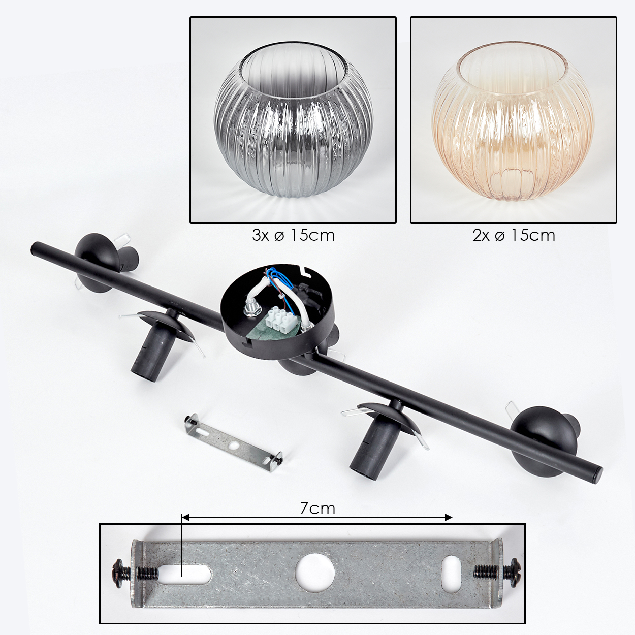 Schwarze Schienenbeleuchtung mit drei Strahlern, zwei Glasschirmen und Befestigungsmaterial. Abmessungen sind angegeben.