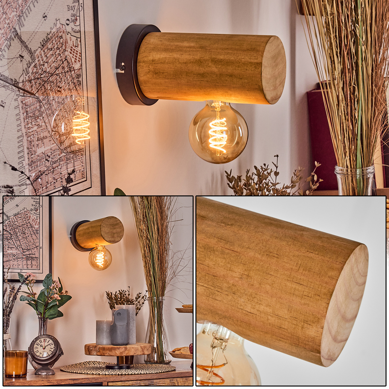 Holz-Wandlampe mit einer Wendelglühbirne. Hintergrund: Karte, getrocknete Pflanzen und Dekorationsartikel auf Holzoberfläche.
