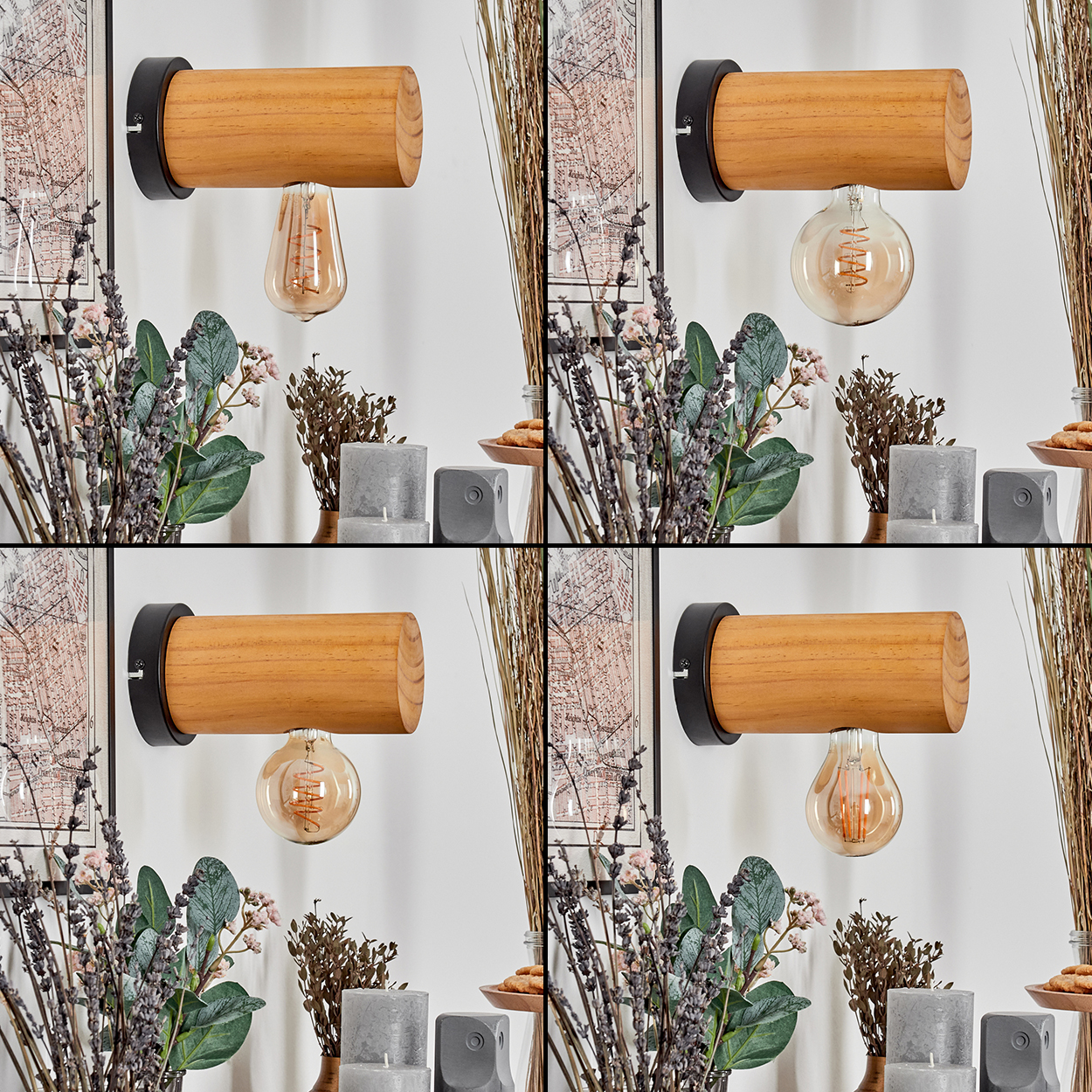 Vier Bilder einer hölzernen Wandlampe mit Glühbirne. Im Hintergrund sind Pflanzen, Kerzen und eine gerahmte Karte.