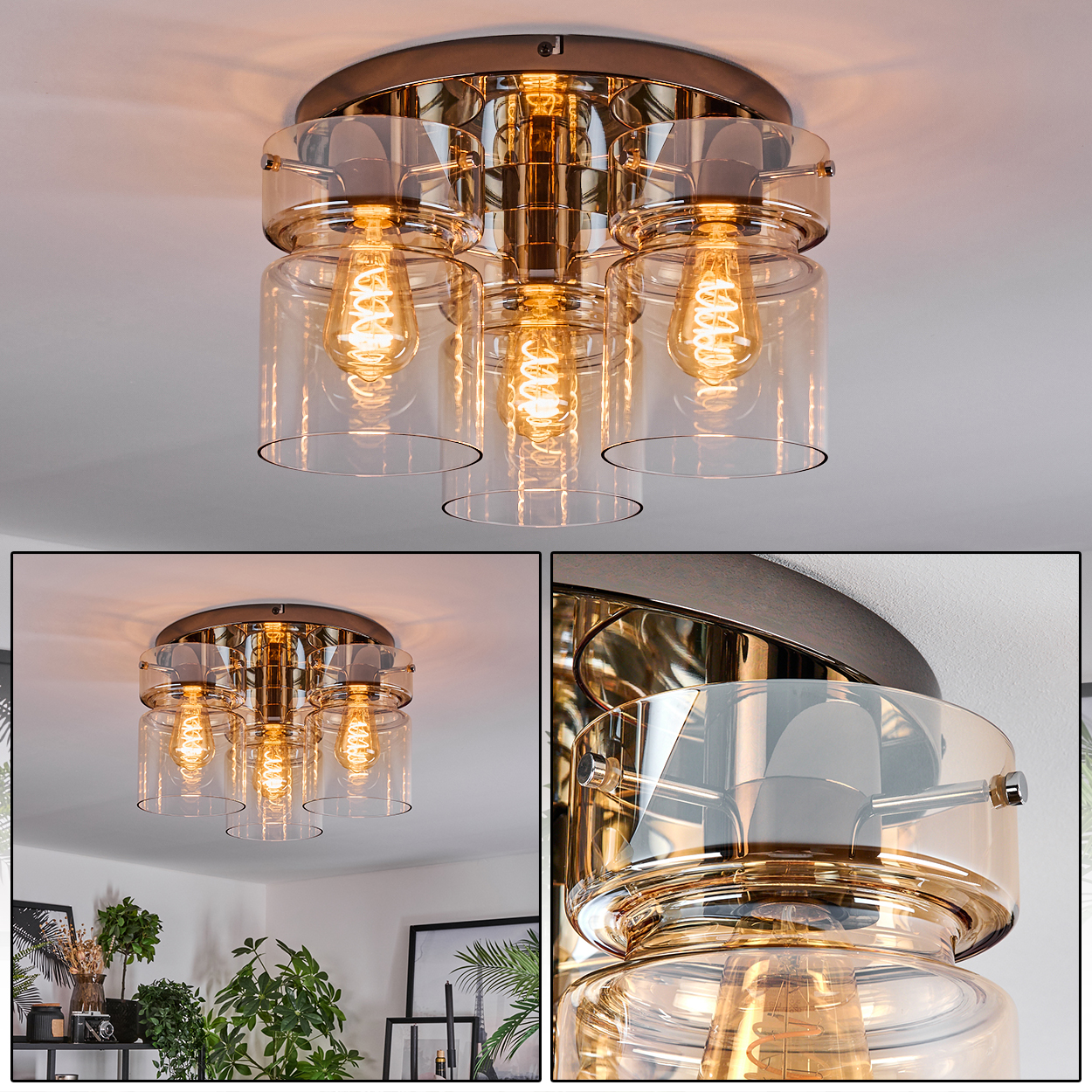 Eine Deckenleuchte mit drei freiliegenden Glühbirnen in bernsteinfarbenen Glaszylindern, montiert auf einem dunklen Metallsockel.