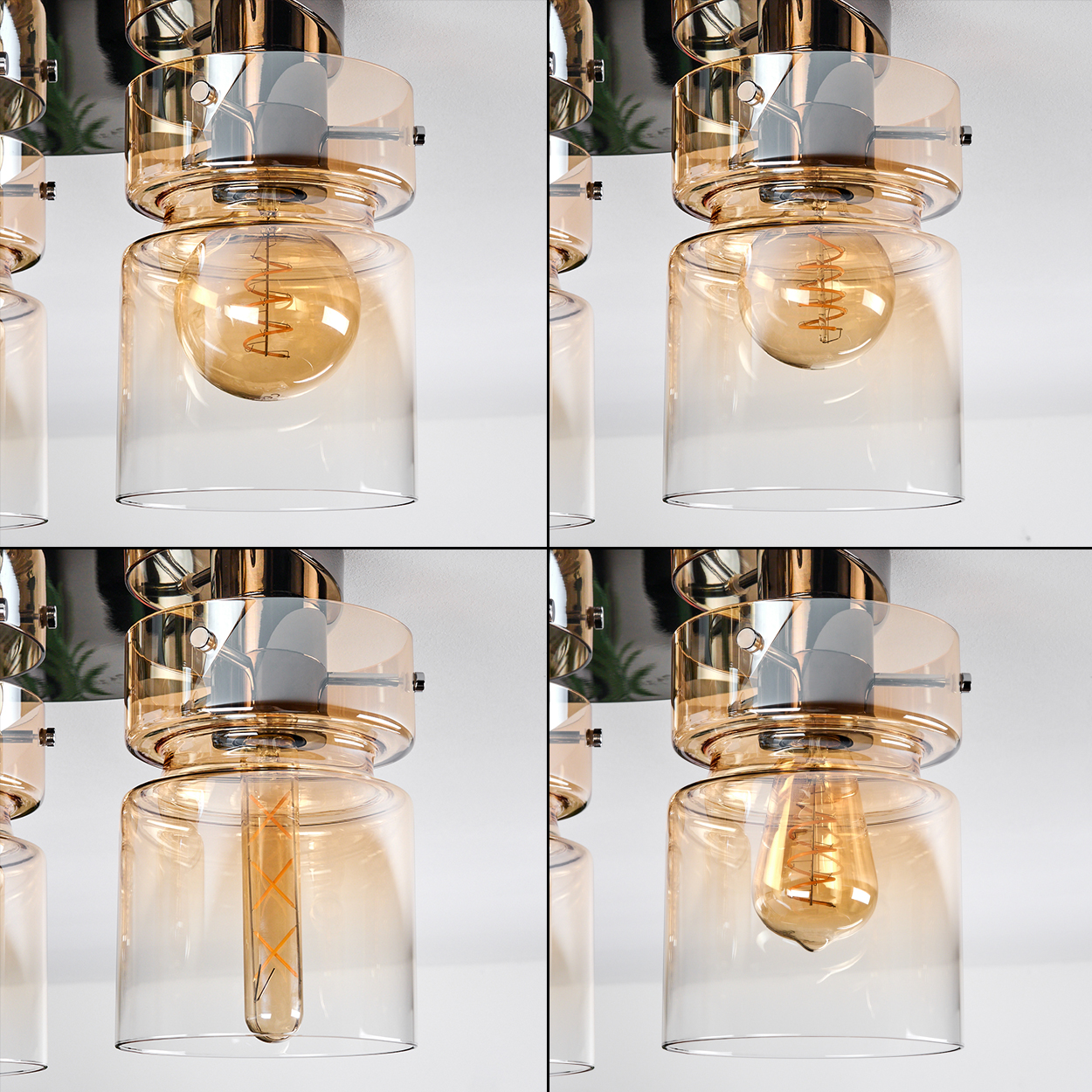Vier Deckenlampen mit Glasschirmen und goldenen Glühbirnen. Metallarmaturen und weiße Decke. Klares und amberfarbenes Glas.
