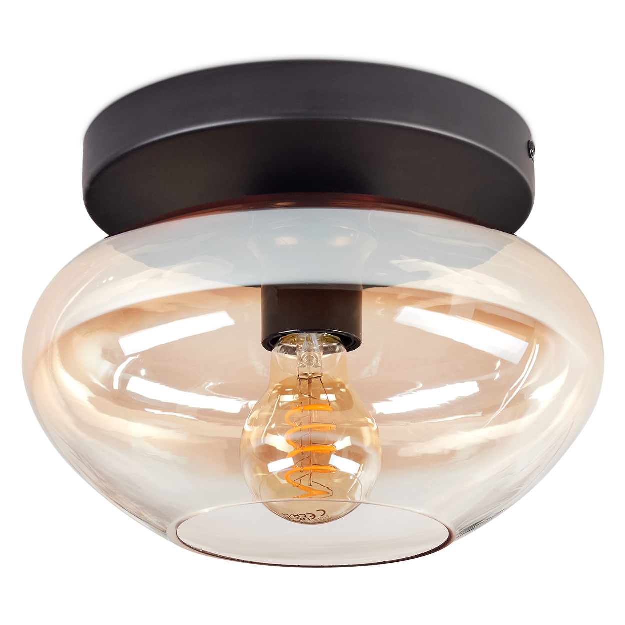 Moderne Deckenlampe mit schwarzem Sockel und Glasschirm. Die Glühbirne ist im Glas sichtbar.