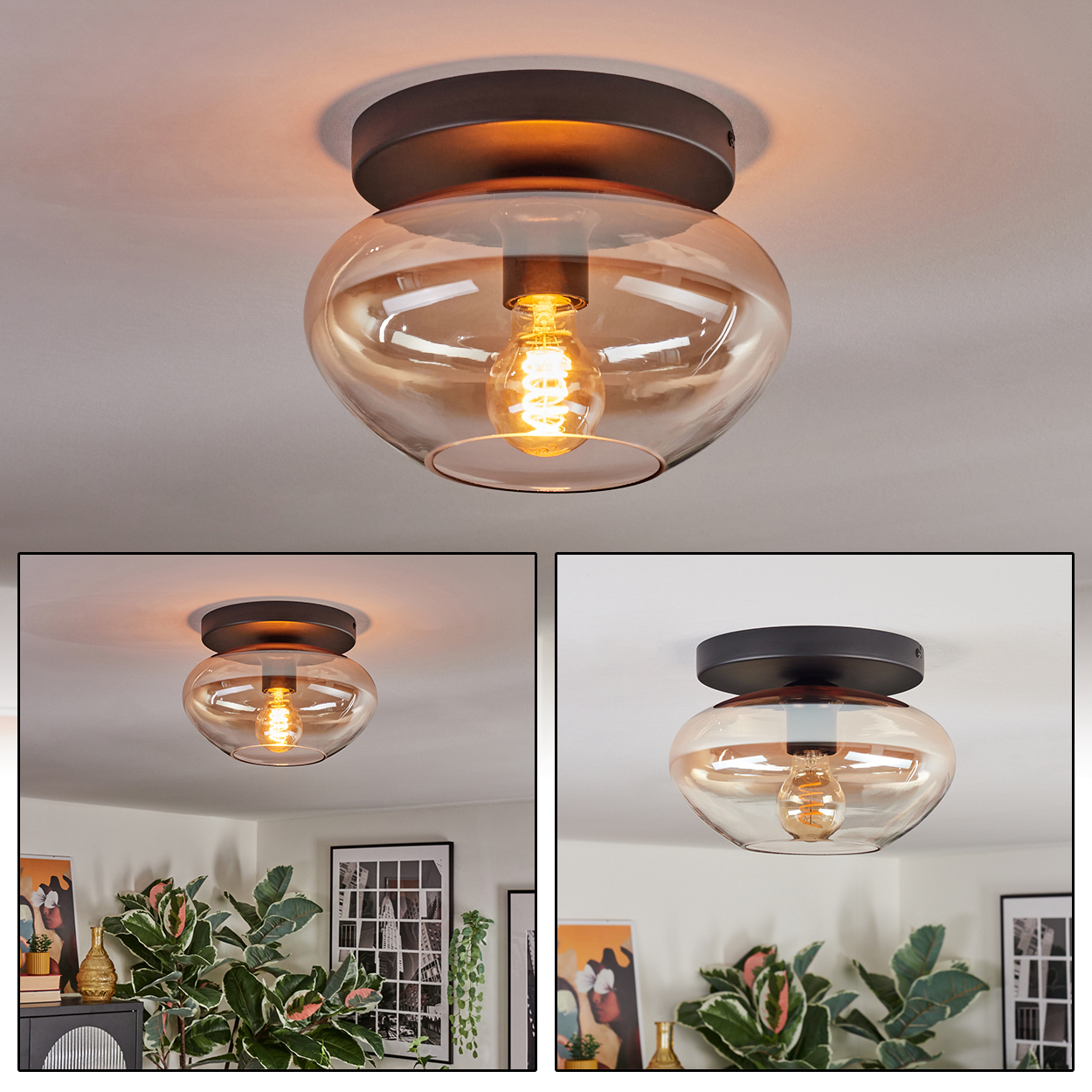 Deckenleuchte mit Glasschirm und sichtbarer Glühbirne. Dunkler Metallsockel. Das Licht ist an und wirft einen warmen Schein.