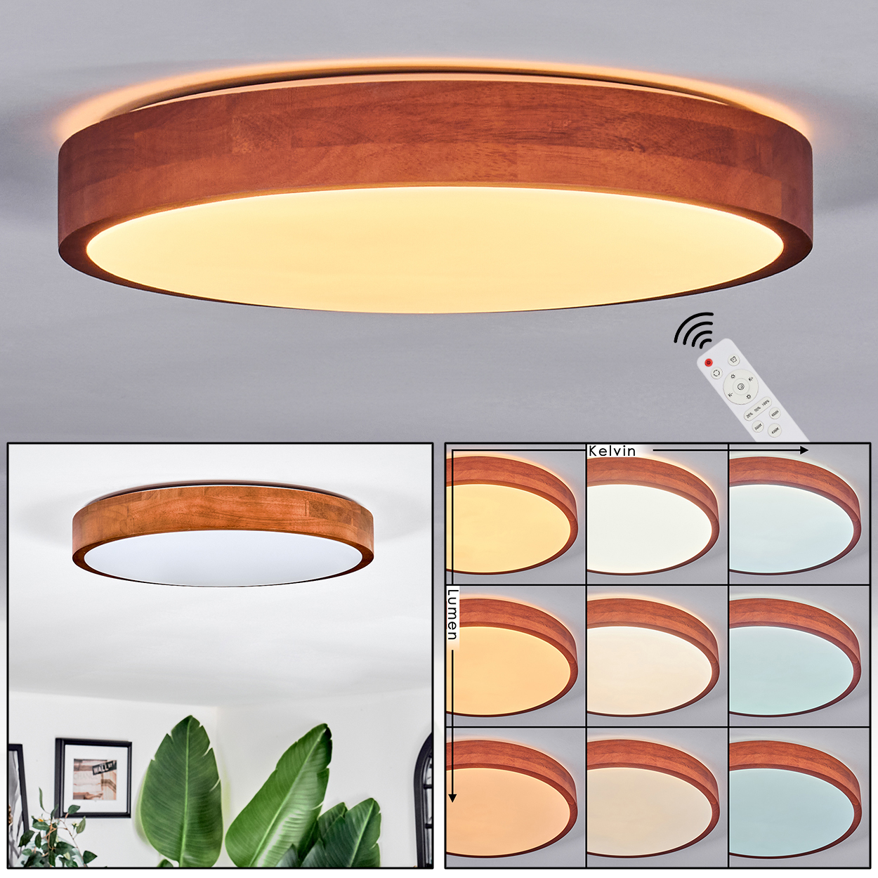 Eine runde Deckenlampe aus Holz mit weißem Innenraum. Daneben eine Fernbedienung. Mehrere Farbtemperaturoptionen werden angezeigt.