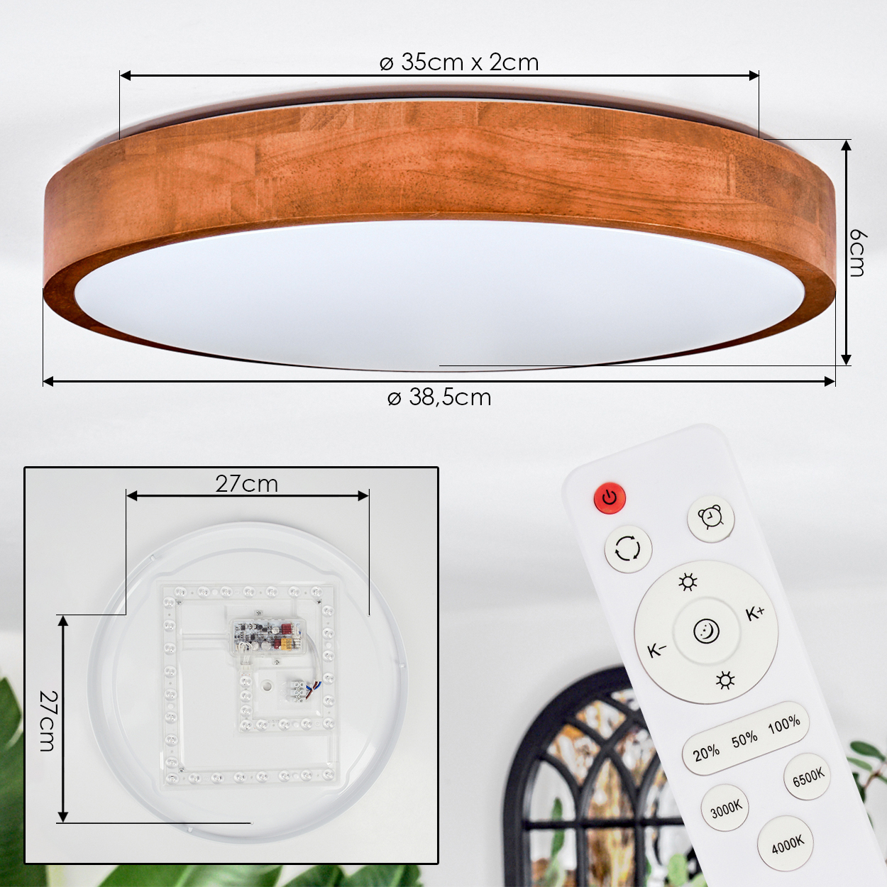 Eine Deckenlampe mit Holzverkleidung, Abmessungen sind angegeben. Eine Fernbedienung befindet sich im Vordergrund. Ein Teil der Lampe ist abgebildet.