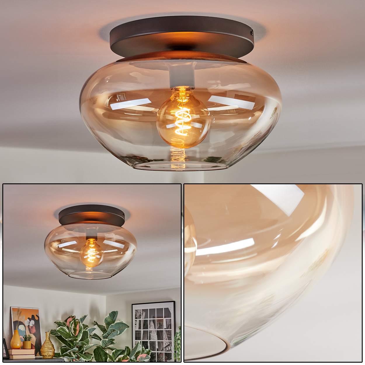 Eine Deckenleuchte mit Glasschirm und sichtbarer Glühbirne. Ein warmer, umgebender Glanz. Der Hintergrund ist eine weiße Decke.
