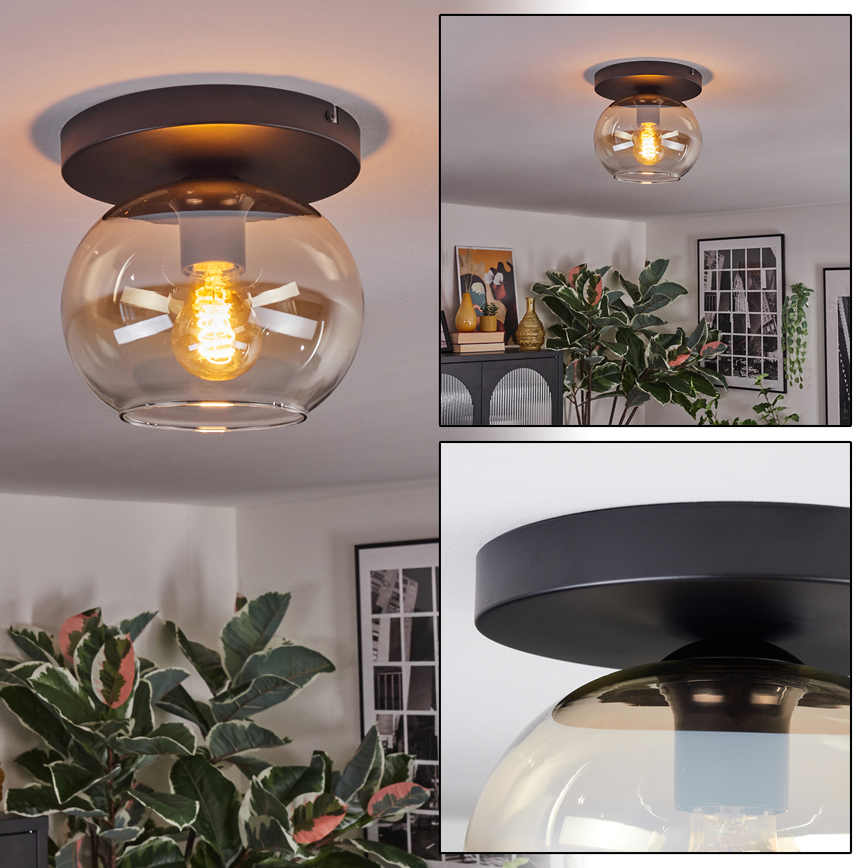 Eine moderne Deckenleuchte mit rundem, bernsteinfarbenem Glasschirm und schwarzem Metallsockel. Das Licht ist an und hell.