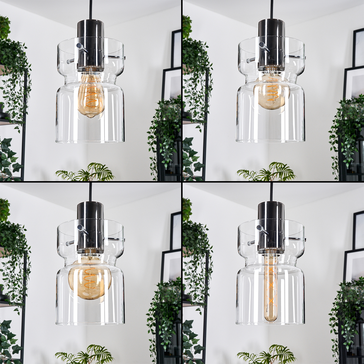 Eine moderne Pendelleuchte mit Glasschirm und sichtbarer Edison-Glühbirne. Grüne Pflanzen und Bilderrahmen im Hintergrund.