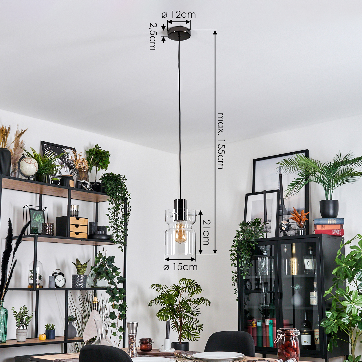 Ein modernes Esszimmer mit Hängelampe, Regalen mit Dekorationen, einem Schrank und Pflanzen. Abmessungen sind angezeigt.