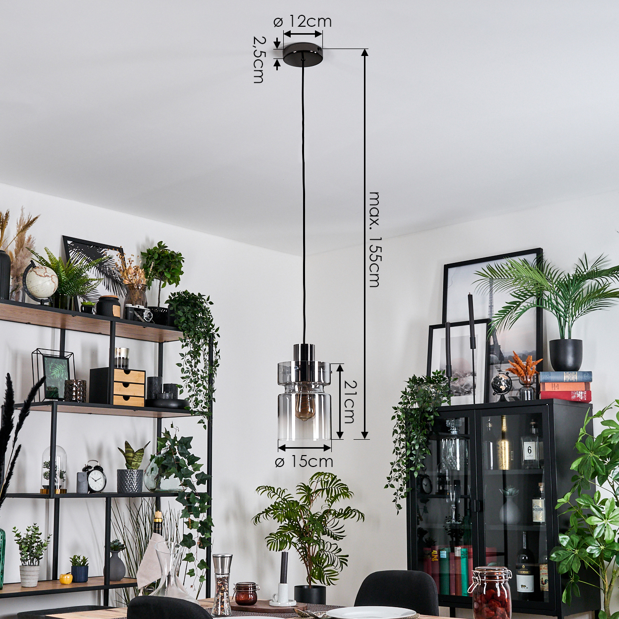 Ein modernes Esszimmer mit Hängelampe, Pflanzen und schwarzem Schrank. Abmessungen der Lampe sind im Bild angegeben.