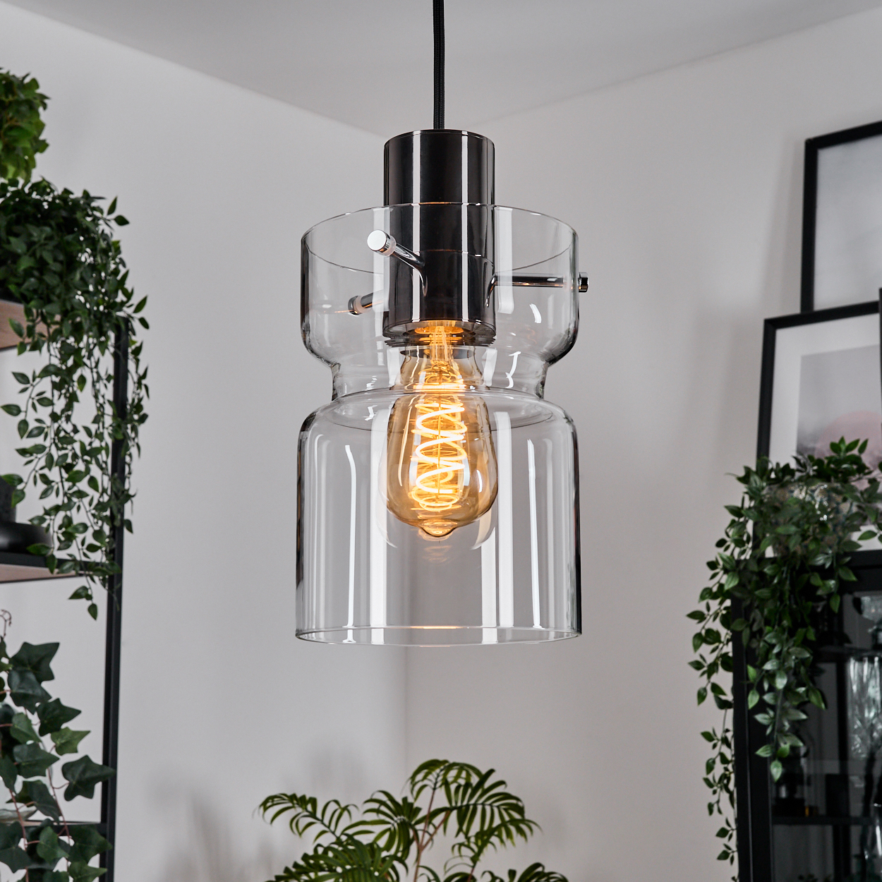 Eine moderne Pendelleuchte mit klarem Glasschirm und warmer Glühbirne. Pflanzen im Hintergrund. Schwarzer Metallrahmen und weiße Wand.