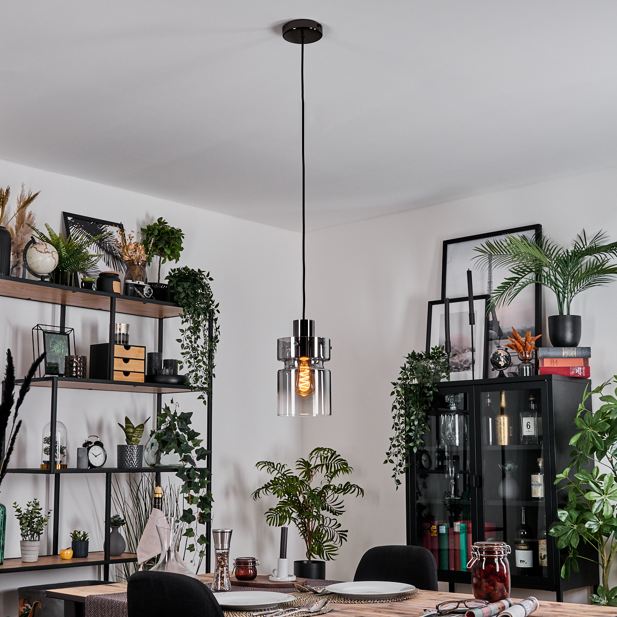 Esszimmer mit Hängelampe, gedecktem Tisch, Regalen mit Deko und Pflanzen sowie einem schwarzen Schrank.