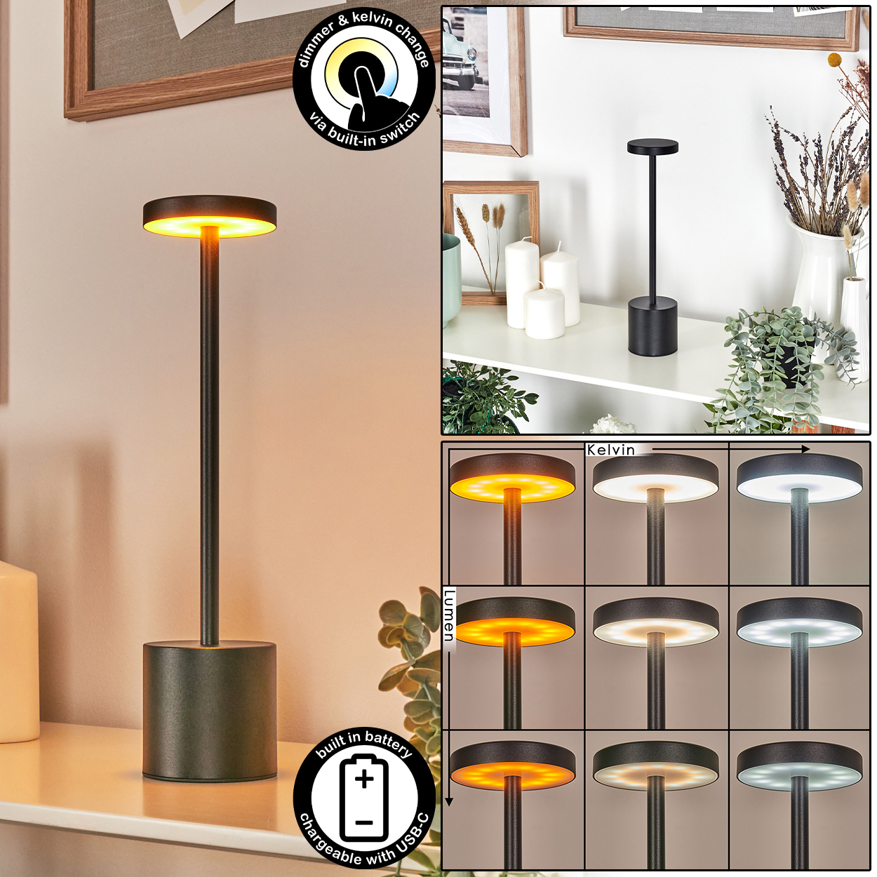 Eine moderne schwarze Lampe mit einstellbarer Helligkeit und Farbtemperatur. Sie ist über USB-C aufladbar und verfügt über einen eingebauten Schalter.
