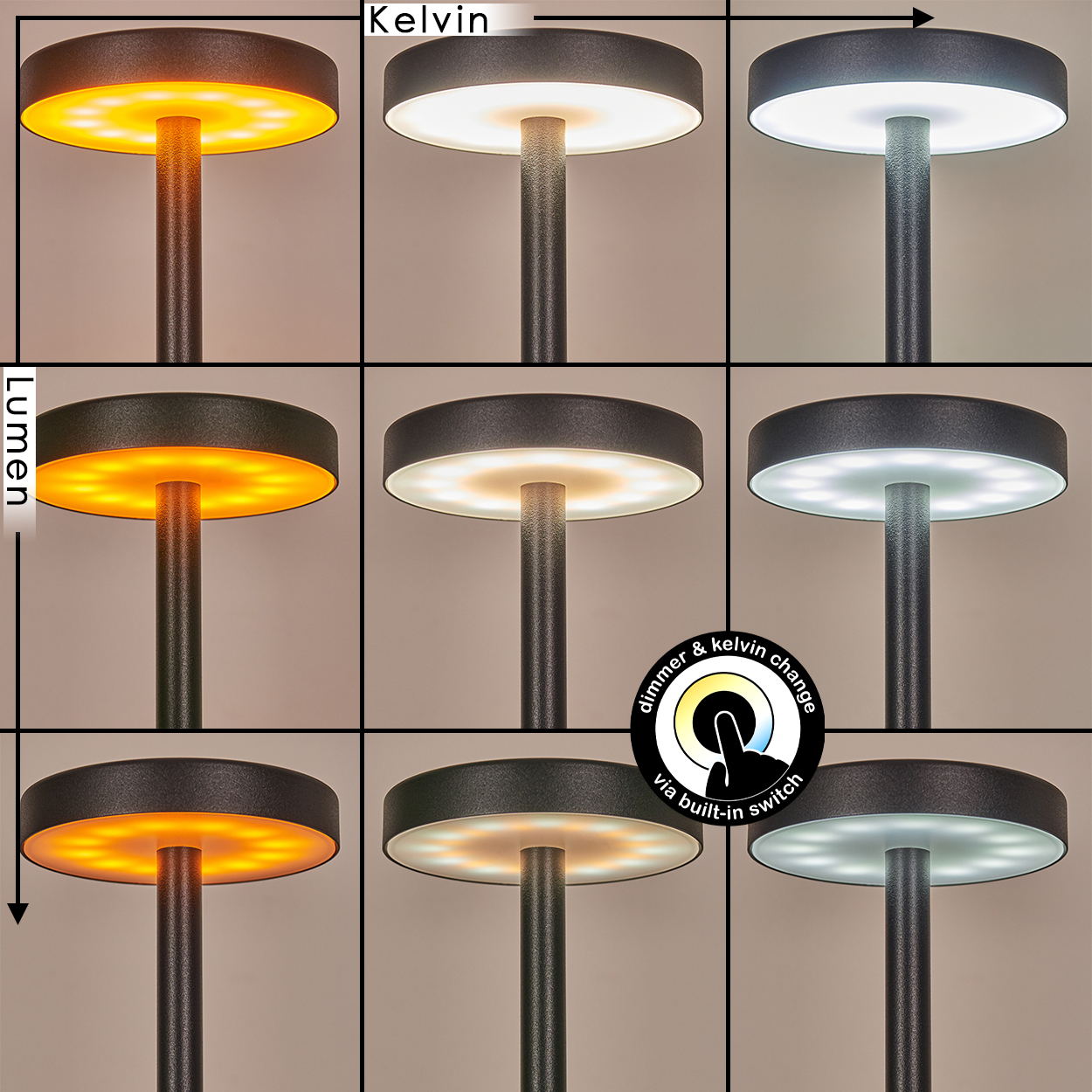 Neun Bilder zeigen eine Lampe mit unterschiedlichen Lichteinstellungen. Die Lampe hat einen runden Schirm und einen zentralen Stiel. Die Einstellungen variieren in Helligkeit und Farbe.