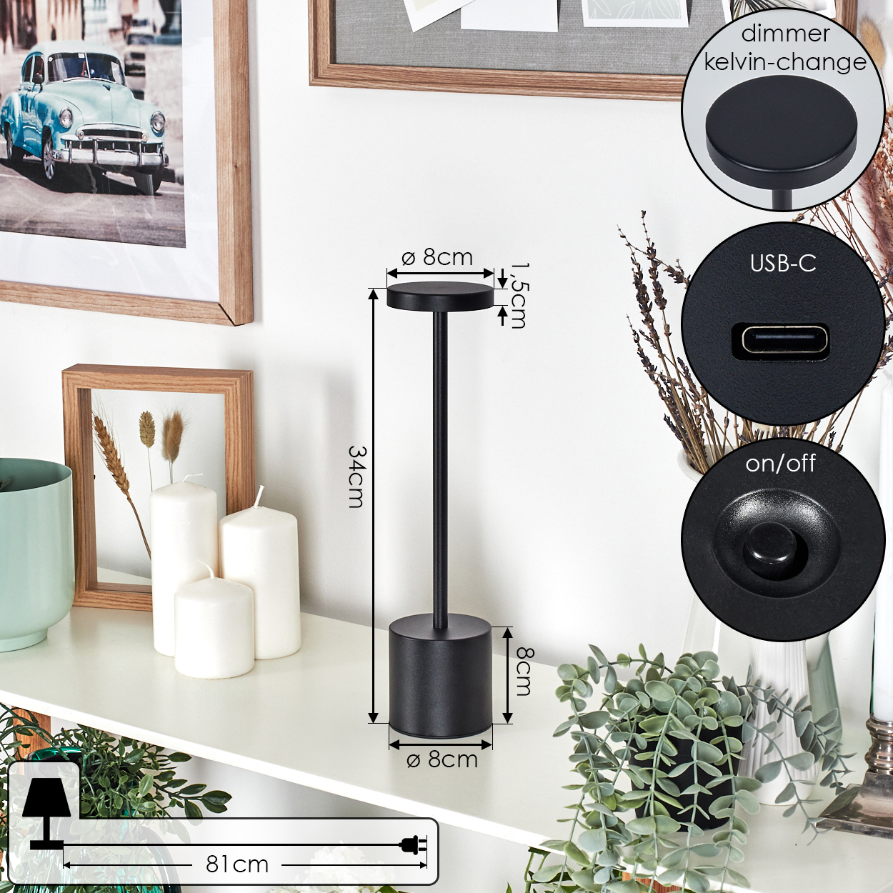 Eine schwarze Lampe steht auf einem weißen Regal. Die Lampe hat einen zylindrischen Sockel, einen dünnen Stiel und eine runde Oberseite.