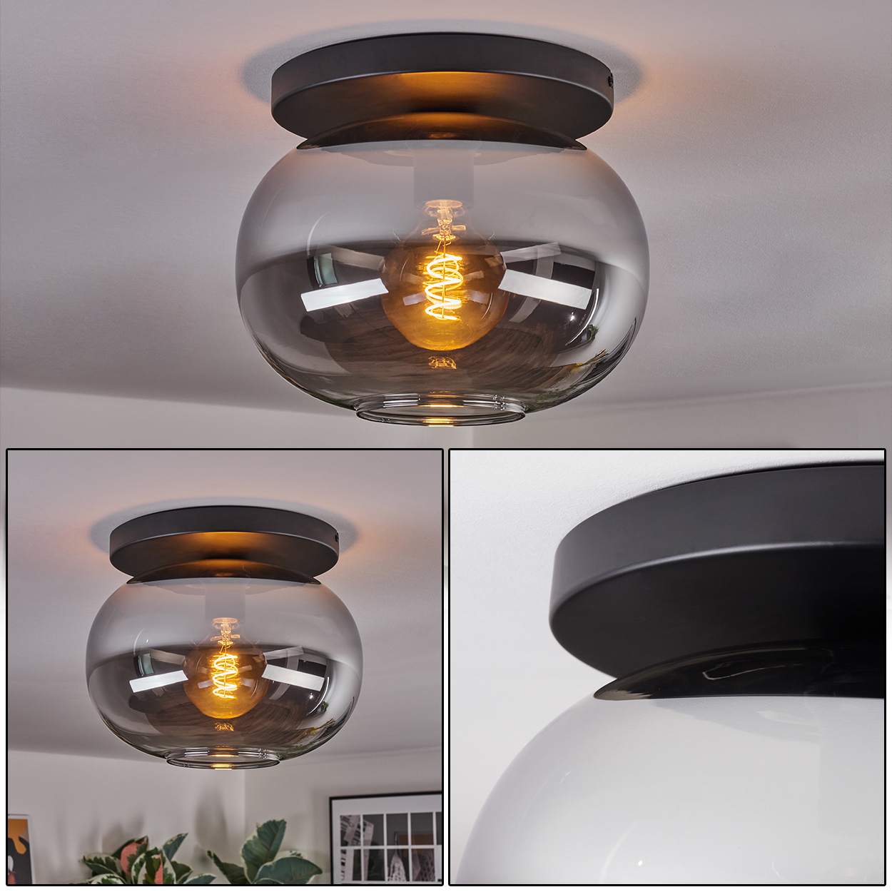 Eine moderne Deckenlampe mit schwarzem Sockel und rundem, rauchfarbenem Glasschirm. Eine warme Glühbirne ist sichtbar.