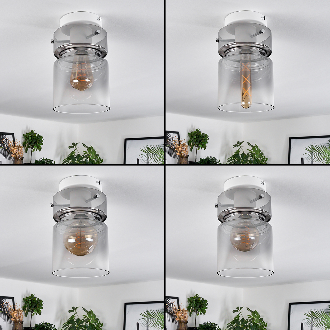 Vier Deckenlampen mit Glasschirmen und sichtbaren Glühbirnen. Darunter befinden sich Pflanzen und gerahmte Bilder. Die Szene scheint ein Innenraum zu sein.