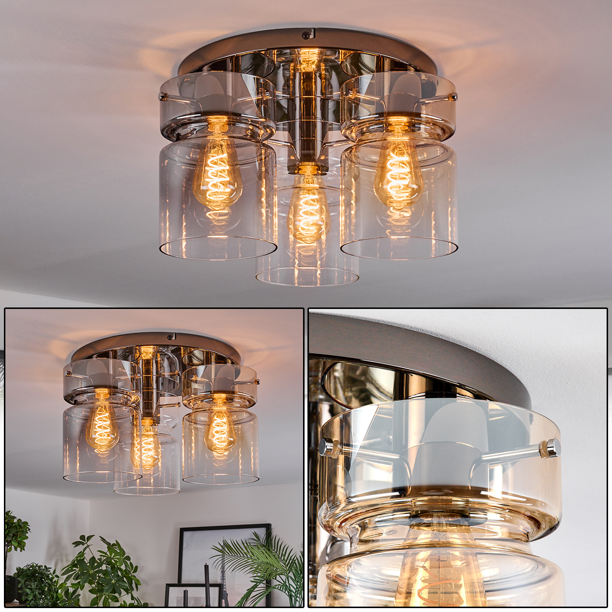 Eine moderne Deckenleuchte mit bernsteinfarbenen Glasschirmen und freiliegenden Glühbirnen. Die Leuchte ist an einer weißen Decke montiert.