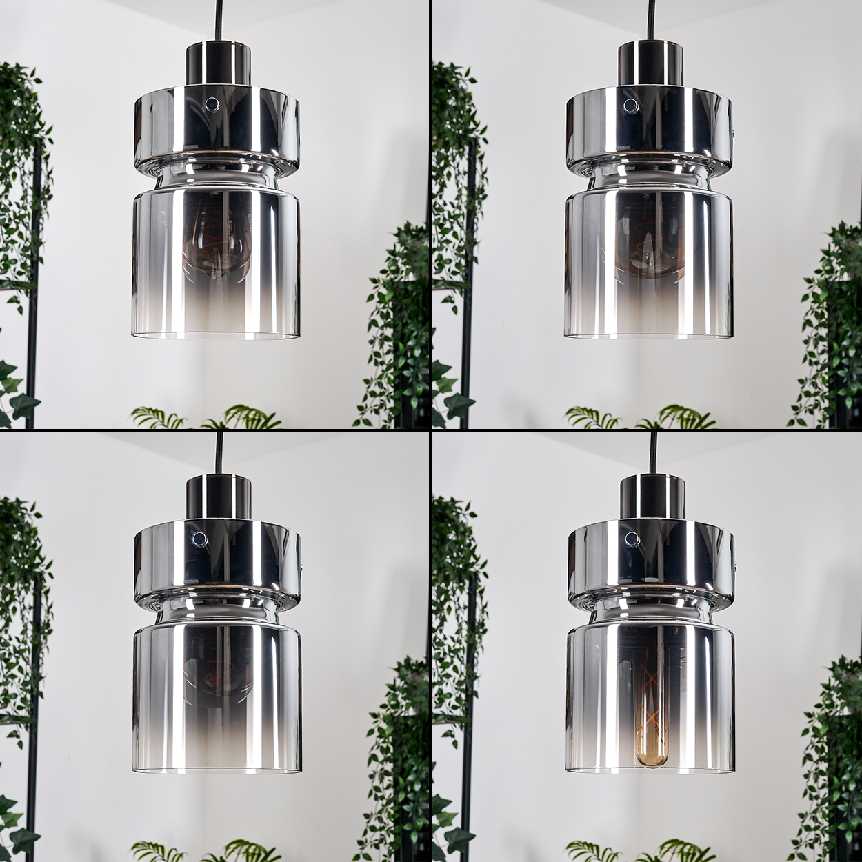 Eine moderne Chrom-Pendelleuchte hängt vor einer weißen Wand mit Hängepflanzen. Die Leuchte hat einen Rauchglasschirm.