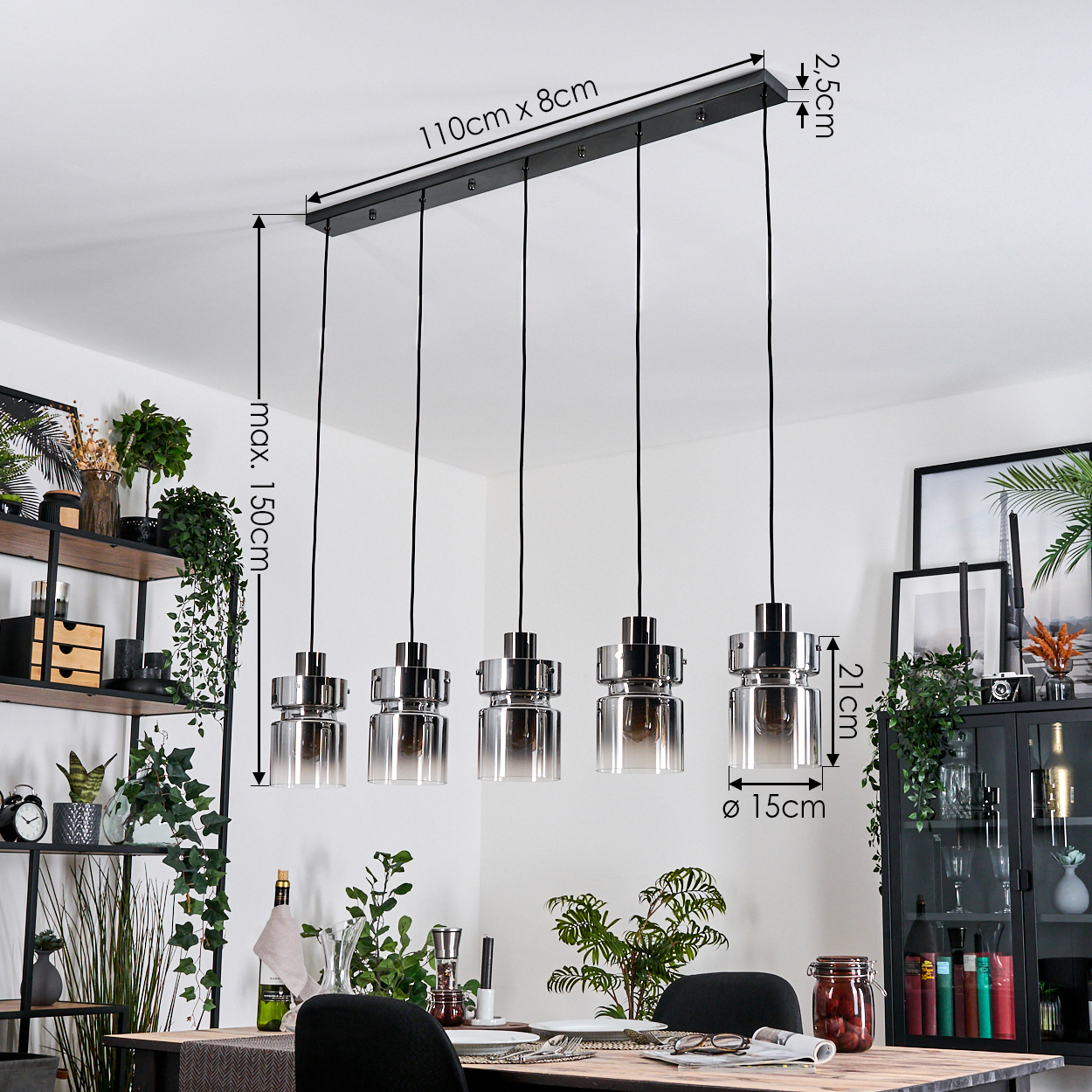 Fünf Hängelampen mit Glasschirmen über einem Esstisch. Regale mit Pflanzen, ein Schrank und Kunstwerke sind im Hintergrund.