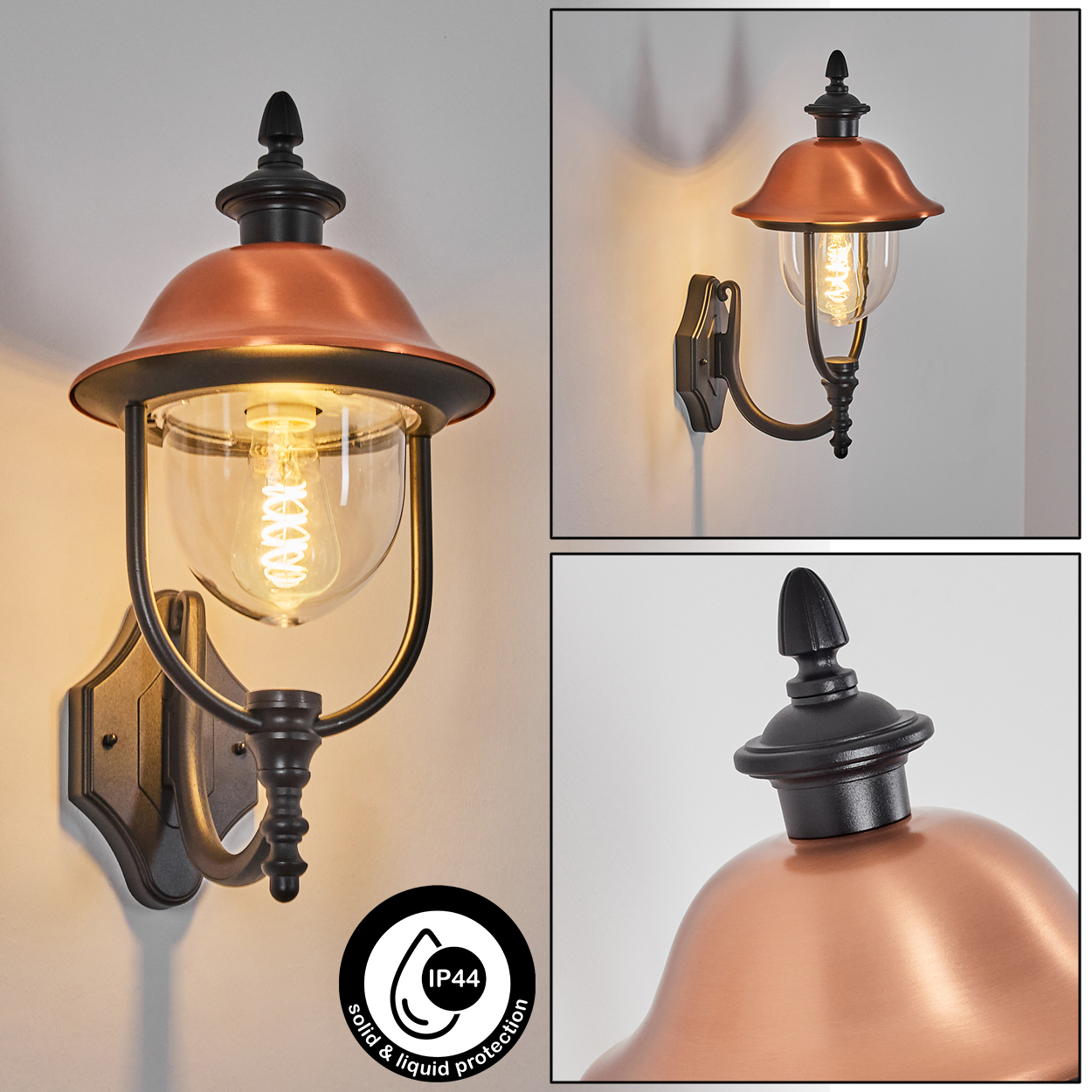 Eine kupfer-schwarze Wandleuchte mit Glasschirm und sichtbarer Glühbirne. Die Leuchte hat die Schutzart IP44 für Festkörper und Flüssigkeiten.