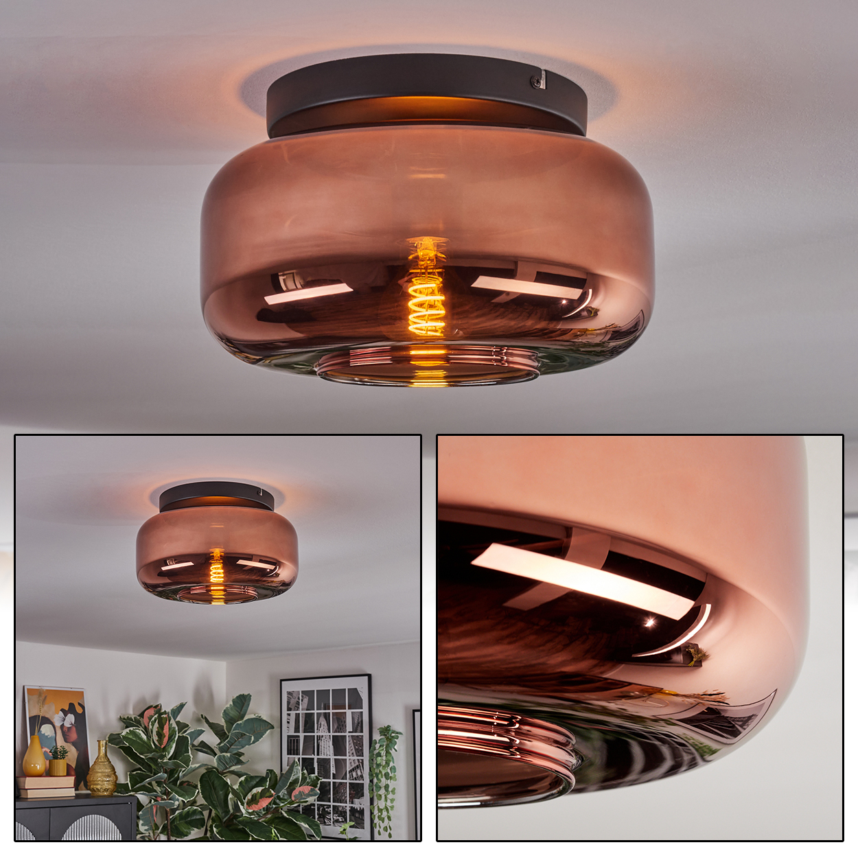 Eine kupferfarbene Deckenlampe aus Glas mit einer sichtbaren Glühbirne. Im Hintergrund sind eine weiße Decke und Inneneinrichtung zu sehen.