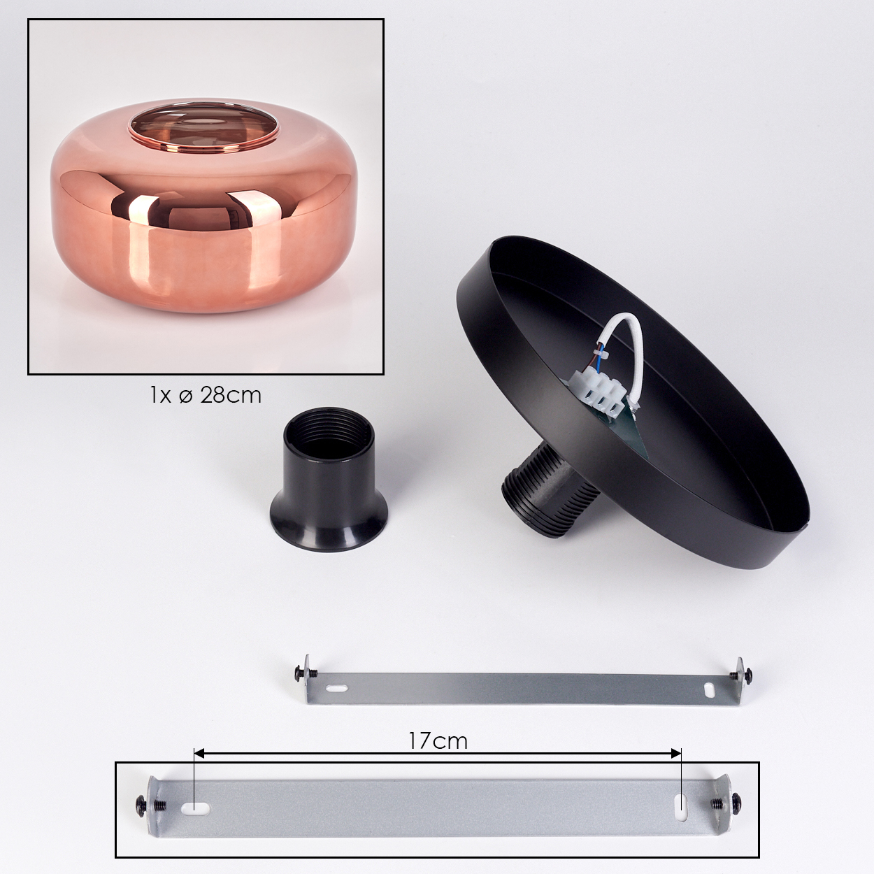 Eine zerlegte Lampe mit kupferfarbenem Schirm, schwarzem Sockel und Metallhalterung. Für jedes Teil sind Abmessungen angegeben.