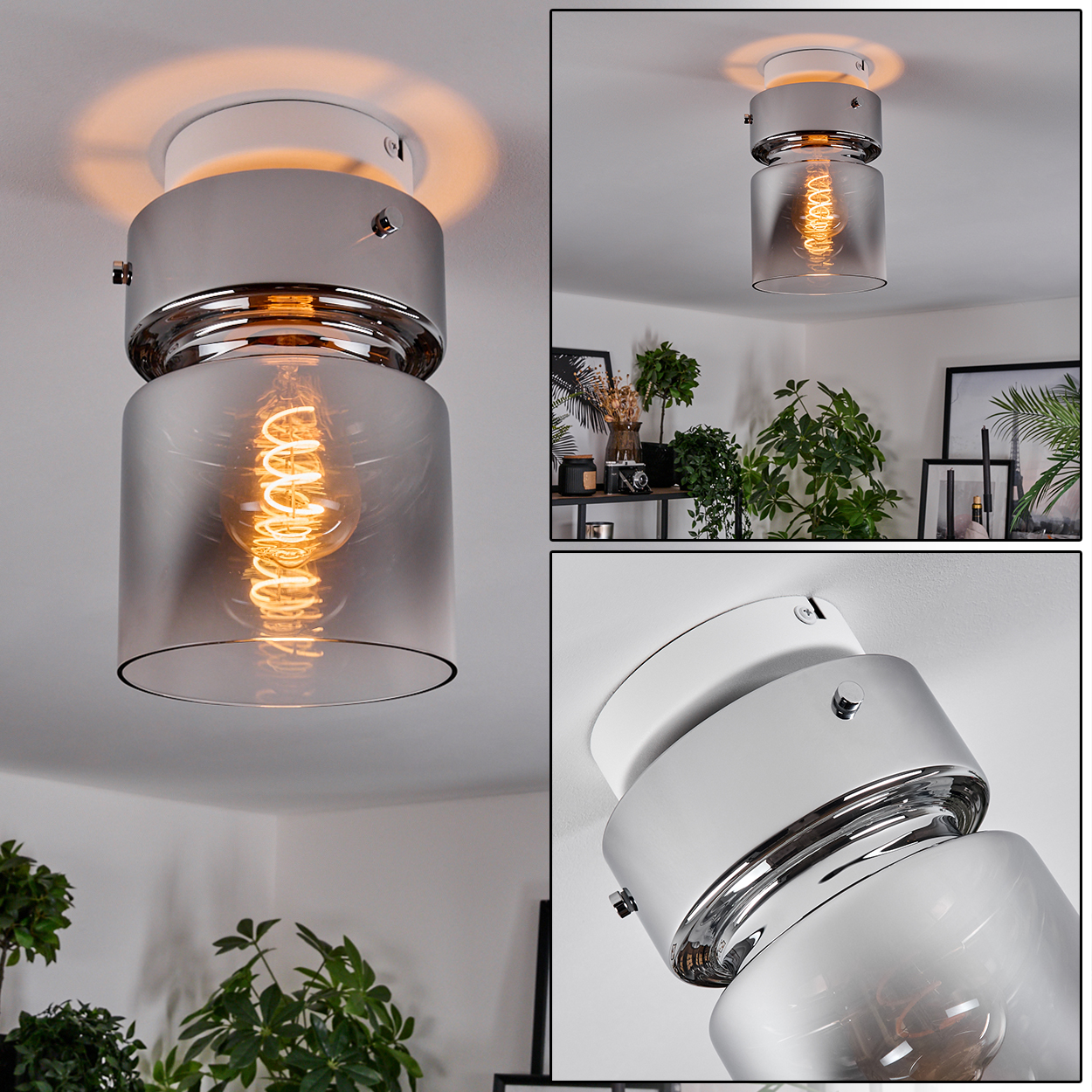 Eine moderne Deckenleuchte mit einer Wendelglühbirne in einem transparenten Glas. Die Leuchte ist verchromt und die Decke weiß.