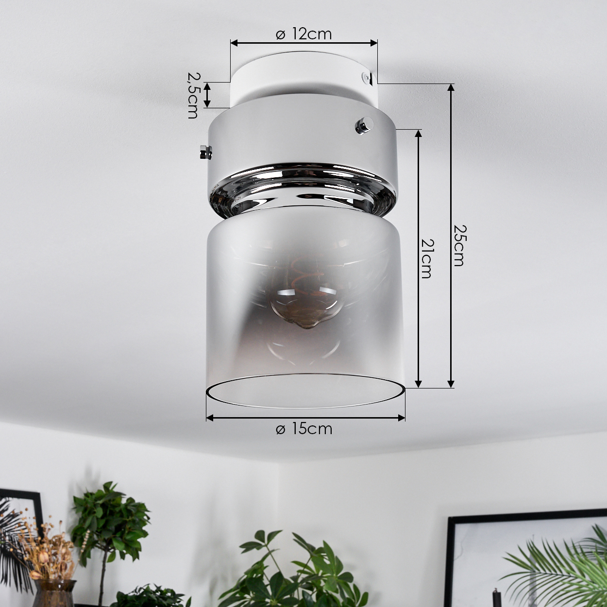 Eine moderne Deckenleuchte mit mattiertem Glasschirm. Maße sind angegeben: 12cm, 2,5cm, 21cm und 15cm. Pflanzen im Hintergrund.