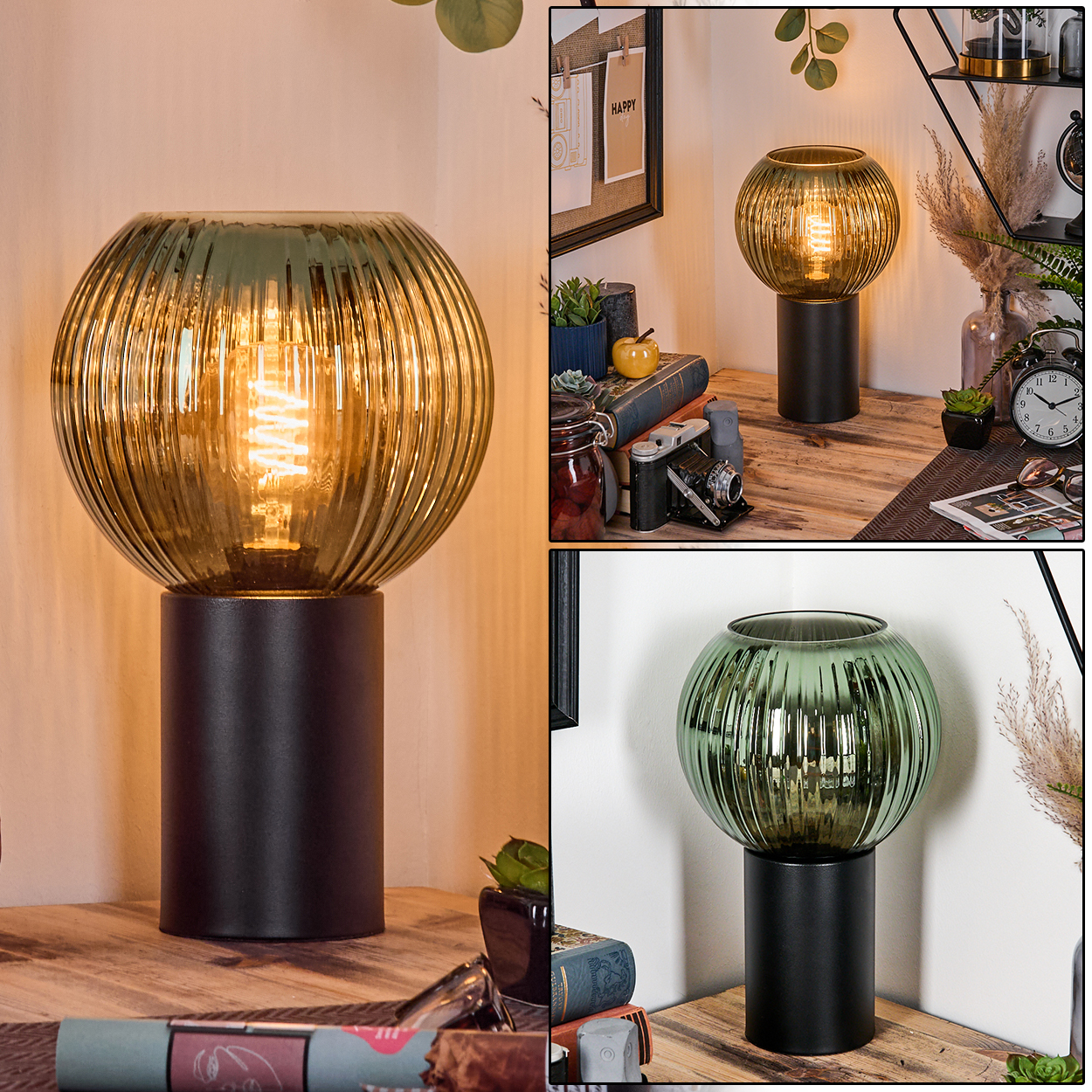 Eine dekorative Lampe mit geriffeltem Glasschirm und schwarzem Sockel auf einer Holzoberfläche, umgeben von Dekoration.