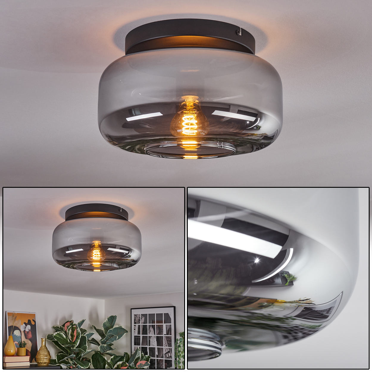 Eine moderne Deckenleuchte mit Glasschirm und sichtbarer Glühbirne. Die Leuchte ist an einer weißen Decke montiert.