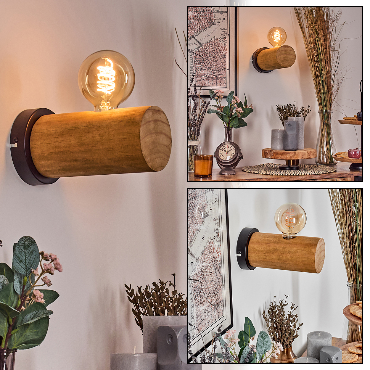 Holzwandlampe mit Glühbirne. Hintergrund: Karte, Blumen, Kerzen und Dekoration. Die Szene ist gut beleuchtet.