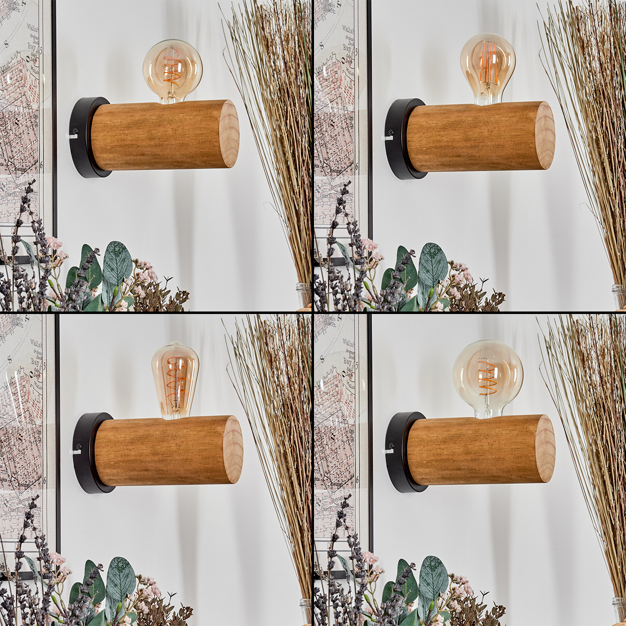 Vier Bilder einer Holz-Leuchte mit Glühbirne, umgeben von Zierpflanzen und einem Karten-Druck an einer weißen Wand.