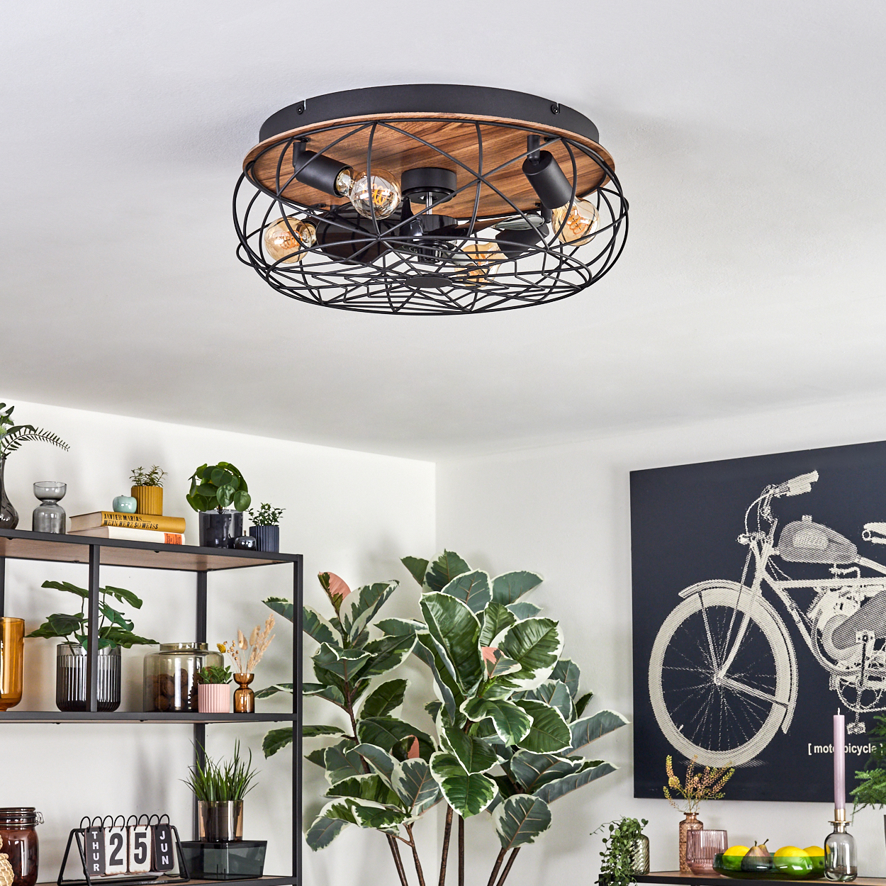 Eine moderne Deckenlampe mit schwarzem Käfigdesign. Darunter ein Wohnzimmer mit Pflanzen, Regalen und einem Motorrad-Kunstwerk.