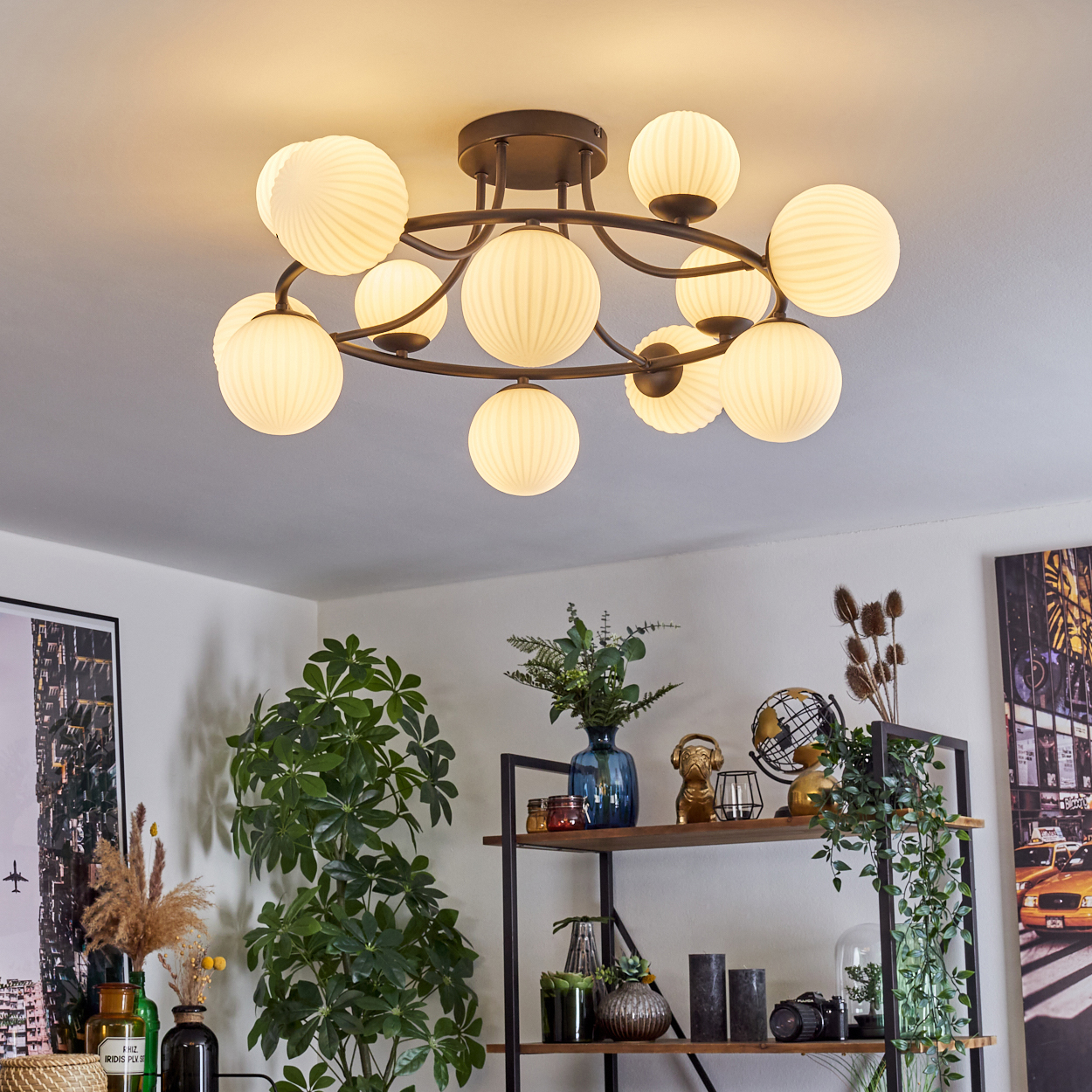 Moderne Deckenleuchte mit kugelförmigen Lampen. Darunter ein Regal mit Dekorationen und Pflanzen. Links eine große grüne Pflanze.
