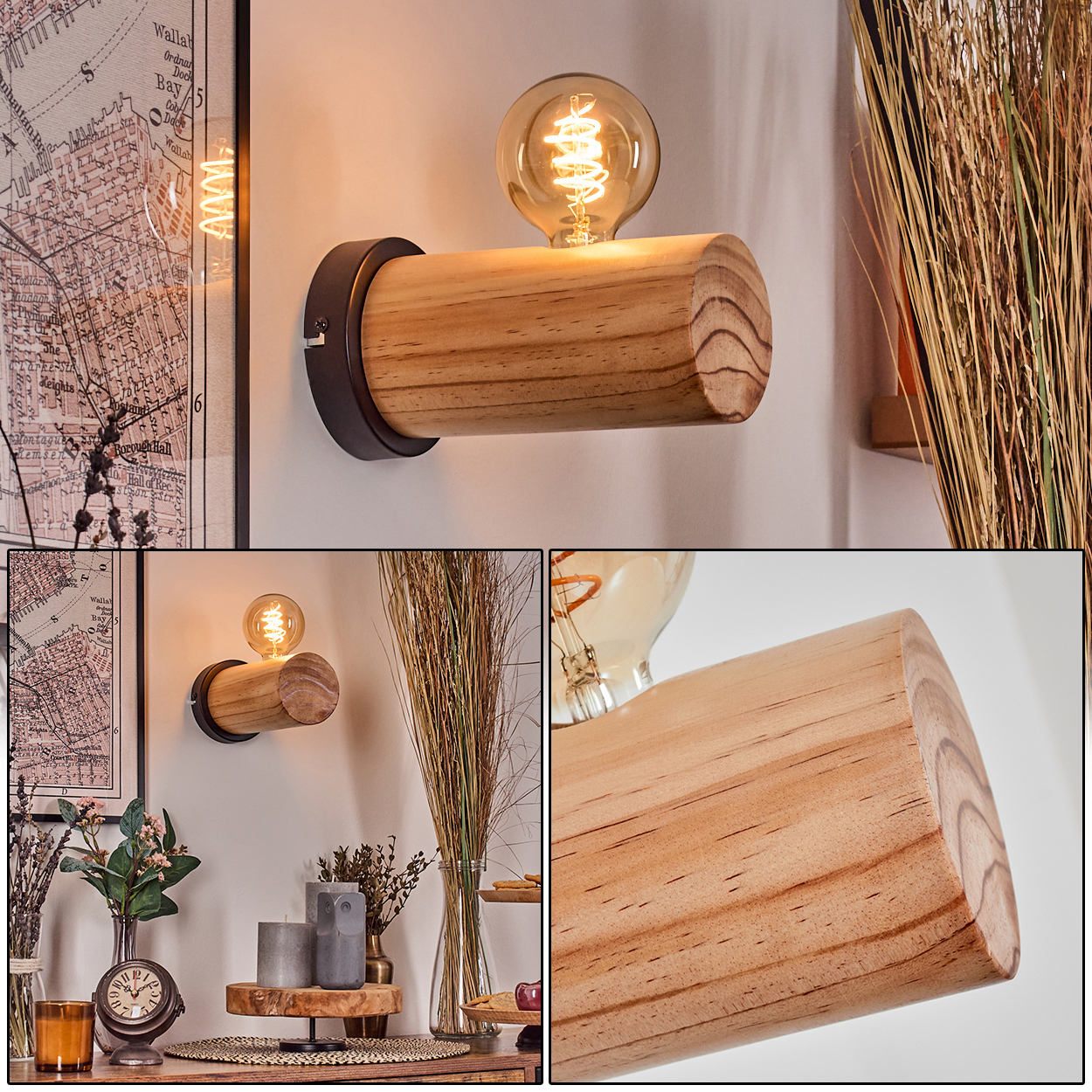 Eine hölzerne Lampe mit einer Glühbirne ist an einer weißen Wand montiert. Im Hintergrund sind eine Karte und Pflanzen zu sehen.