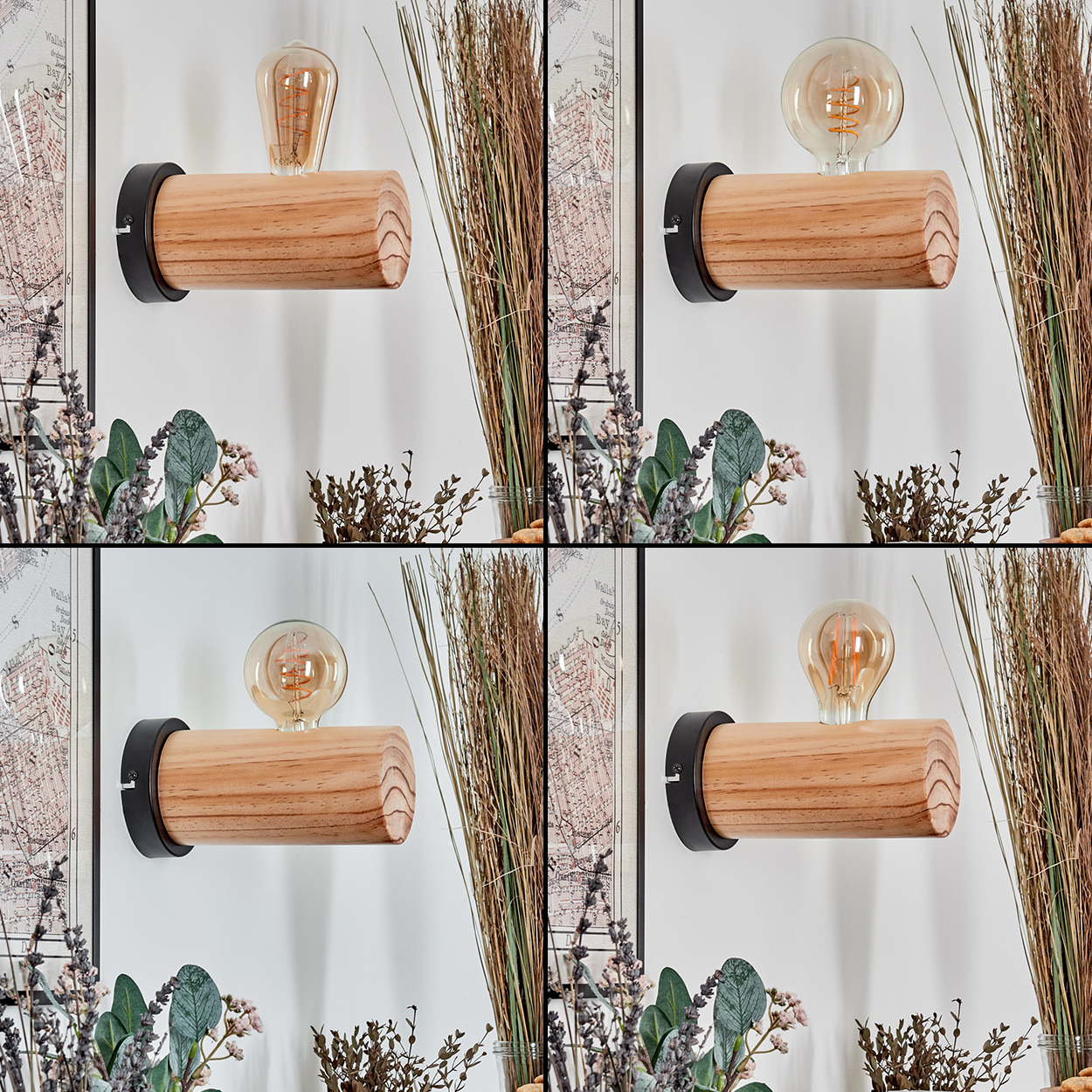 Eine Holzlampe mit Glühbirne an weißer Wand. Trockenpflanzen und eine Karte sind ebenfalls zu sehen.