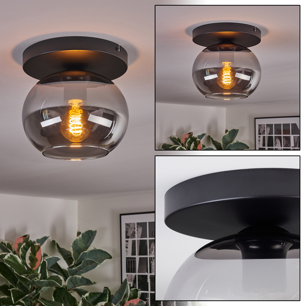 Eine moderne Deckenleuchte mit schwarzem Sockel und rundem, rauchfarbenem Glasschirm. Die Glühbirne leuchtet warm. Pflanzen und Kunst im Hintergrund.