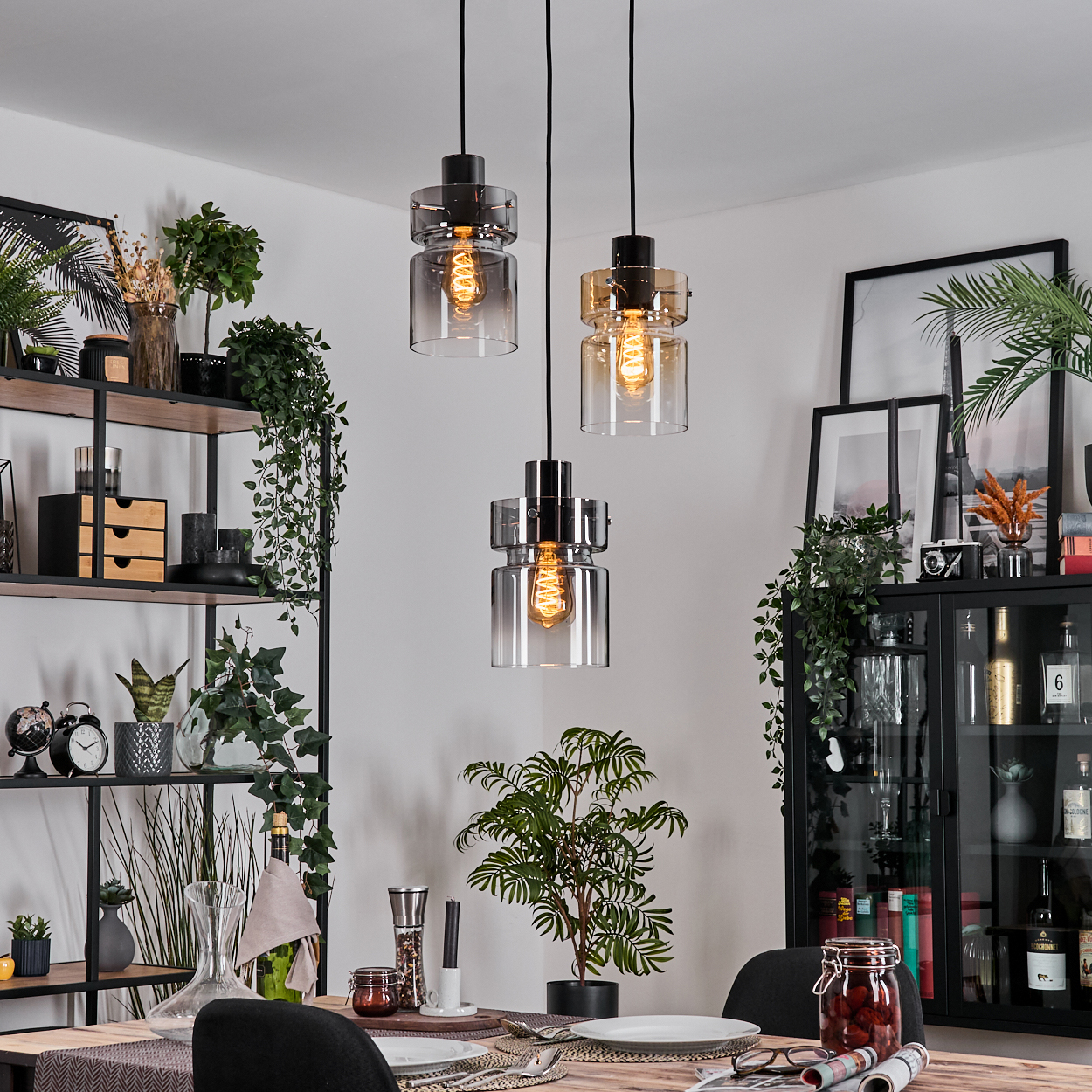 Esszimmer mit drei Hängelampen, Pflanzen, Holzregalen und einem Tisch. Schwarzer Schrank im Hintergrund.