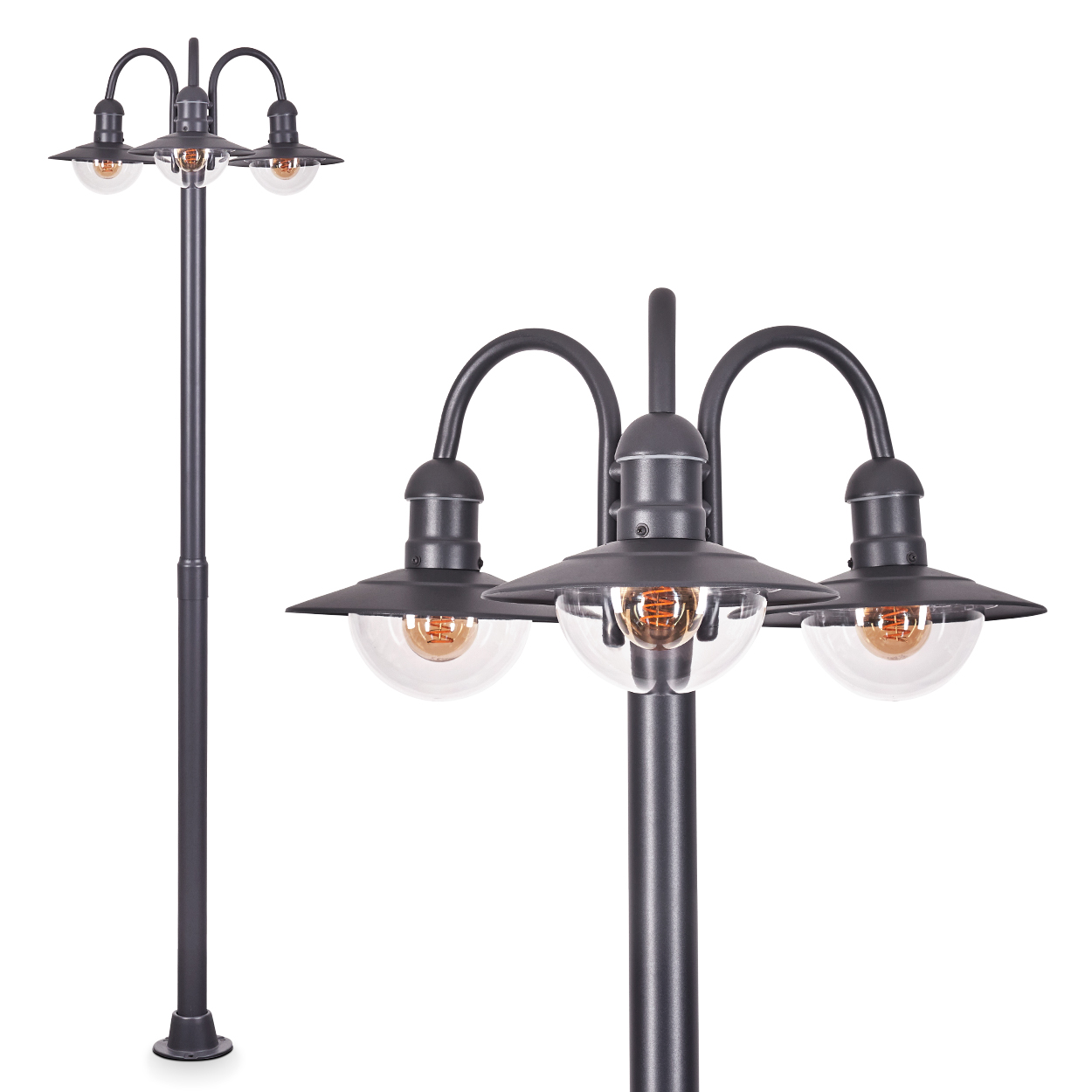 Eine dunkelgraue Laterne mit drei Lampen, jede mit einem klaren Glasschirm und einer sichtbaren Glühbirne, vor weißem Hintergrund.