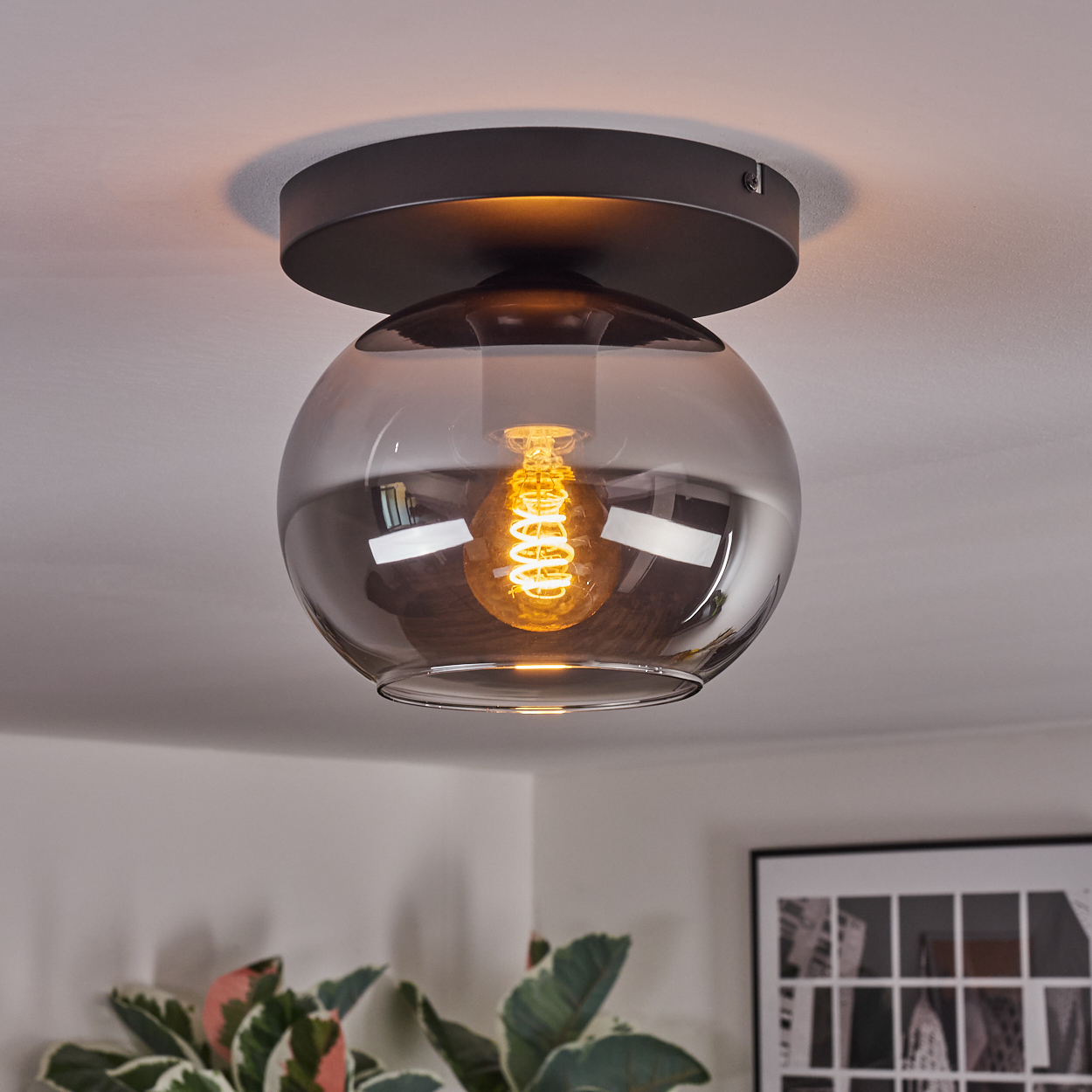 Eine moderne Deckenlampe mit rauchfarbenem Glasschirm und einer warm glühenden Glühbirne. Sie ist an einer dunkel gefärbten Halterung befestigt.