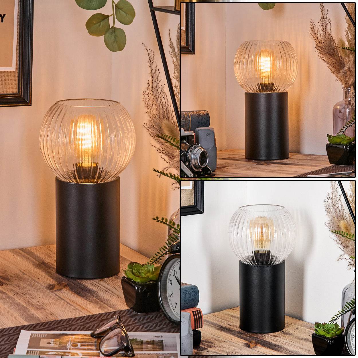 Eine dekorative Lampe mit geripptem Glasschirm und schwarzem Sockel auf einem Holztisch, mit anderen Objekten im Hintergrund.