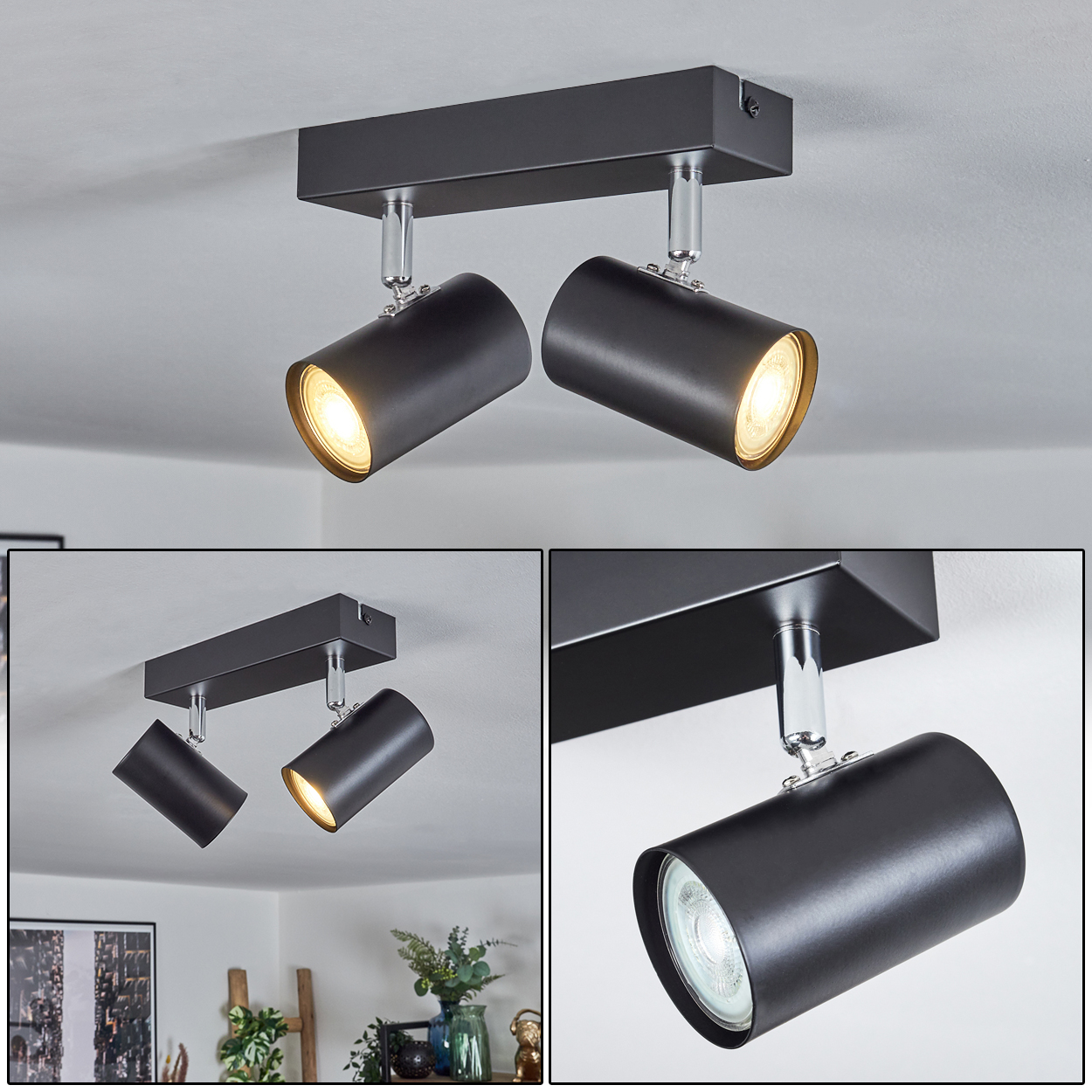 Schwarze Deckenstrahler mit zwei Lampen, Chromhalterungen und warmem Licht. Montiert an einer weißen Decke. Zusätzliche Bilder zeigen Details.