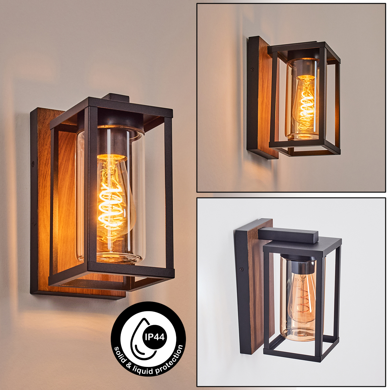Eine moderne Wandlampe mit Holzsockel und schwarzem Rahmen. Sie hat einen Glaszylinder mit einer Wendelglühbirne. IP44-Symbol vorhanden.