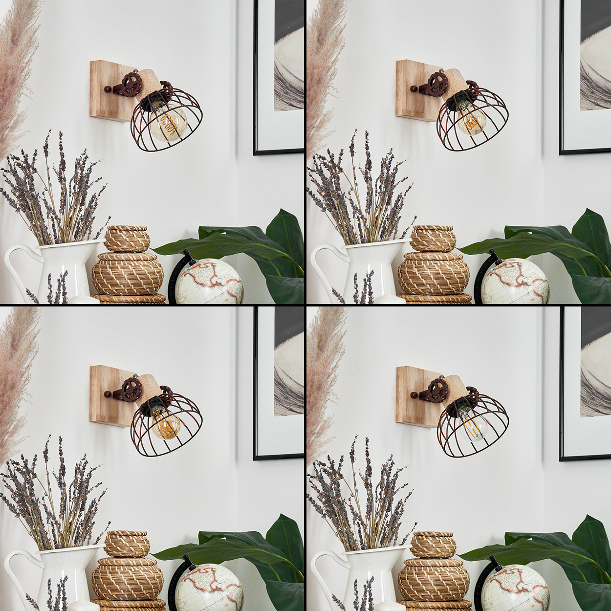 Rustikale Wandlampe, Blumen in einem Krug, gewebte Körbe, ein Globus und gerahmte Kunst an einer weißen Wand.