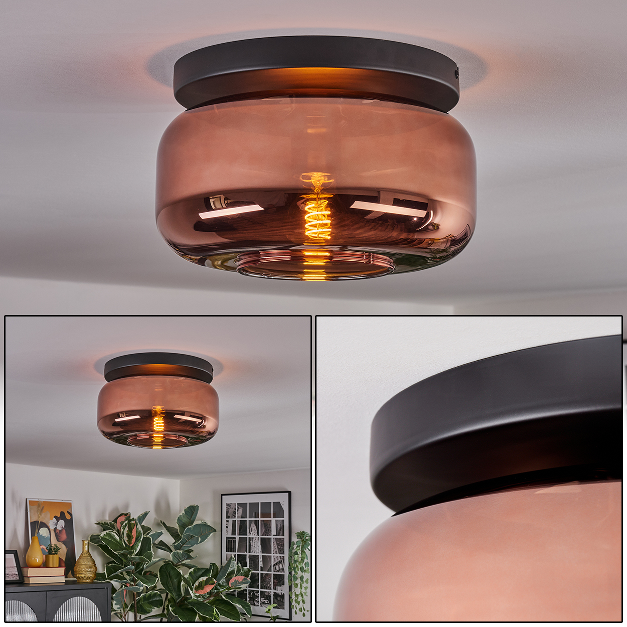 Eine moderne Deckenlampe mit kupferfarbenem Glasschirm und schwarzem Halter. Eine sichtbare Glühbirne strahlt warmes Licht aus.